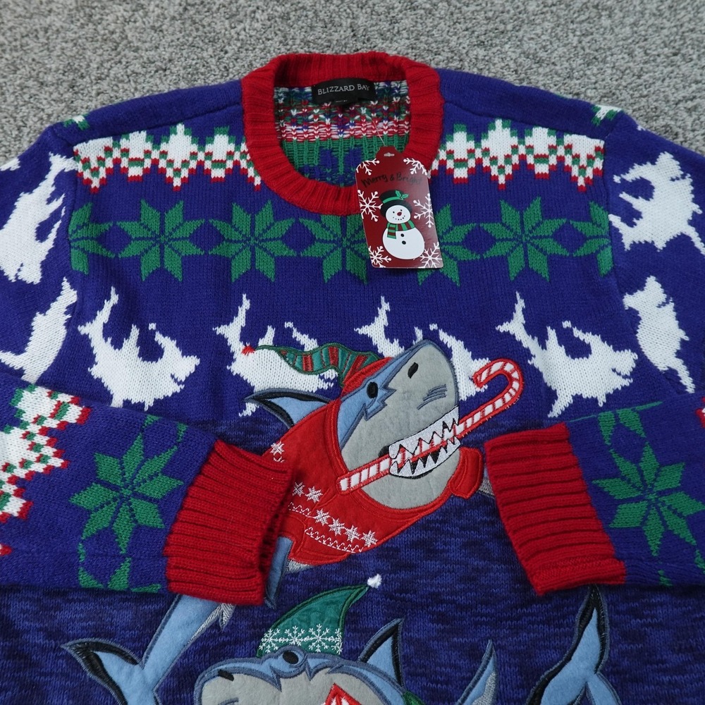 NEW Blizzard Bay Sweater Mens L Blue Shark Ugly Christmas Holiday Knit Crewneck